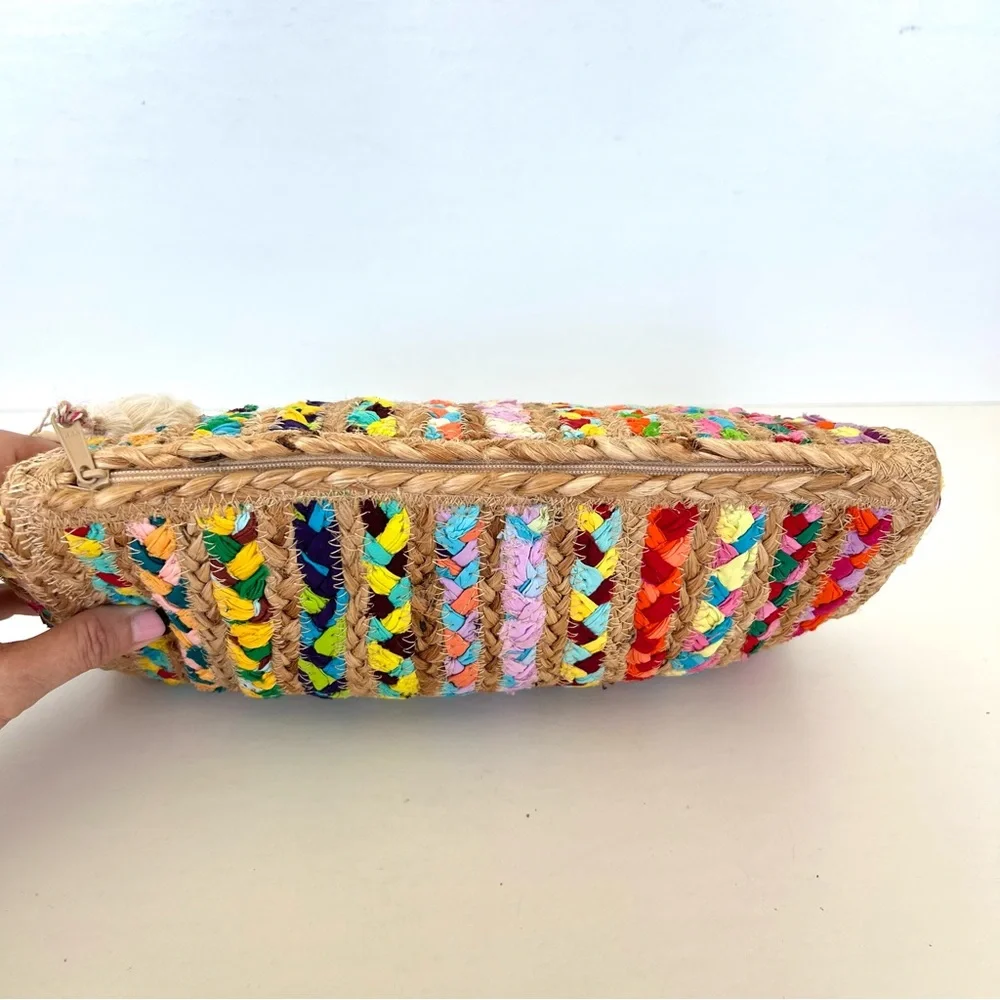 ANTIK KRAFT Beige Woven Jute Raffia Multicolor Braided Strip Fabrics Clutch NWT